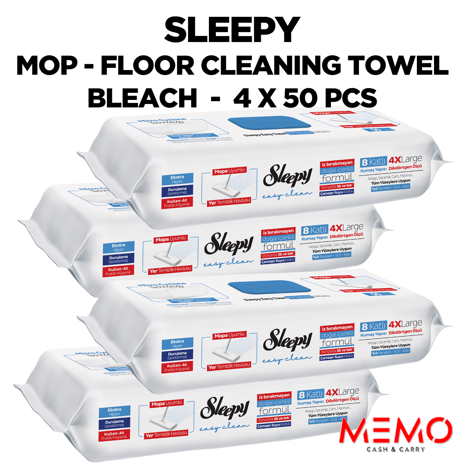 Sleepy Mop Floor Cleaning Towel Bleach 50pcs x 4 Packs – bleach-scented floor cleaning mop wipes product image
