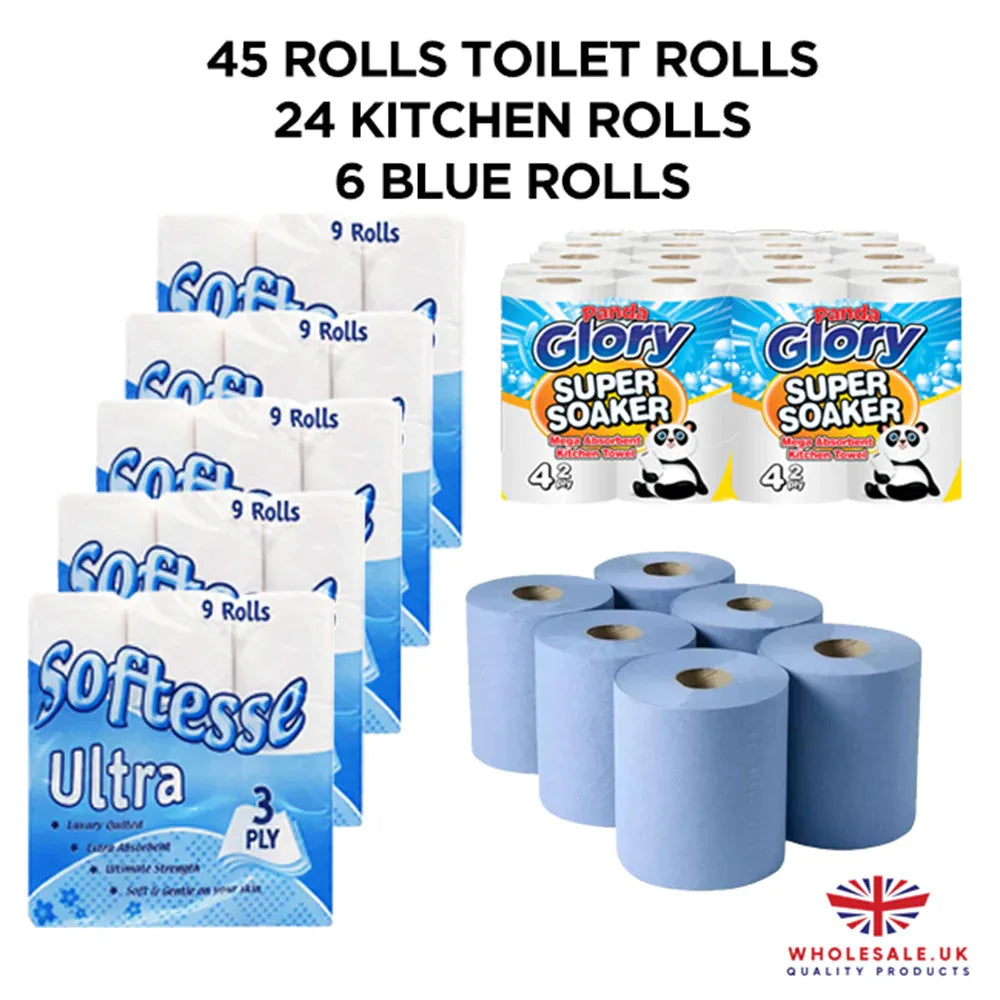 45 x Toilet Rolls 3ply, 24 x Kitchen Rolls, 6 x Blue Rolls - Memo Cash and Carry 