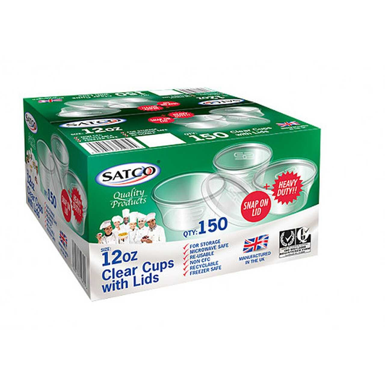 Box of Satco 12oz clear cups with lids on a white background