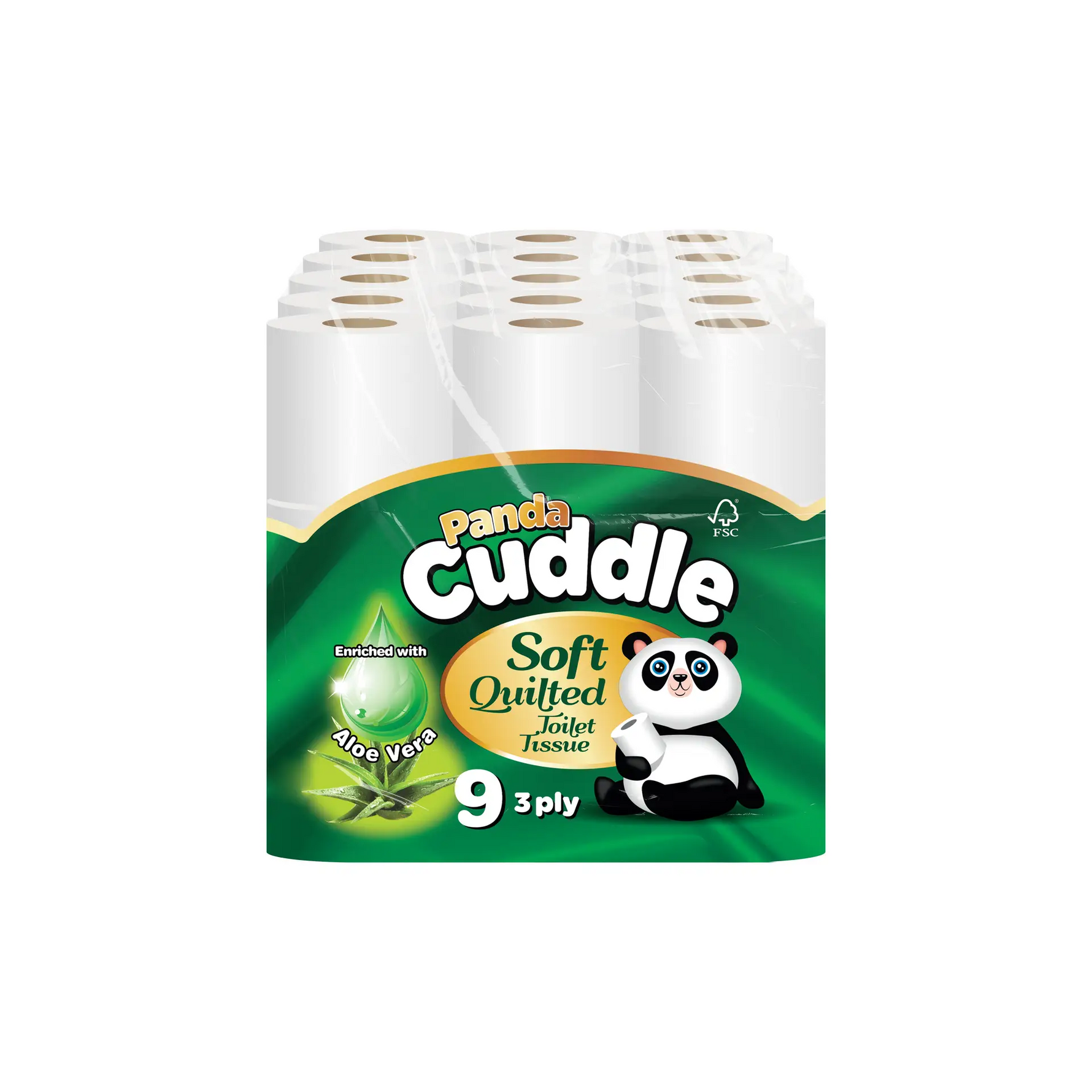 Panda Cuddle Aloe Vera 3ply 9x5 – soft and soothing three-ply toilet tissue enriched with aloe vera for gentle everyday use.
