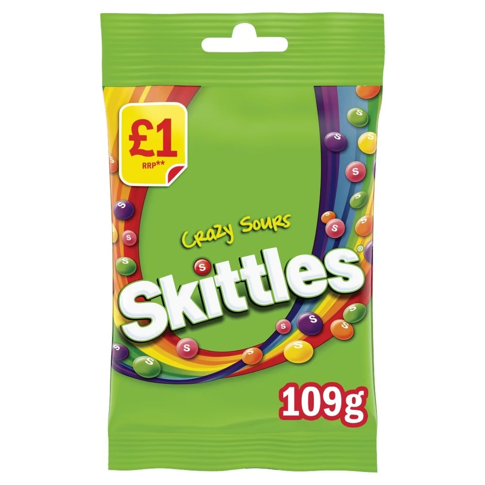 Skittles Chewy Sweets Bag Crazy Sours (14 Packs x 109g) – product image of assorted sour fruit-flavoured chewy candy pieces
