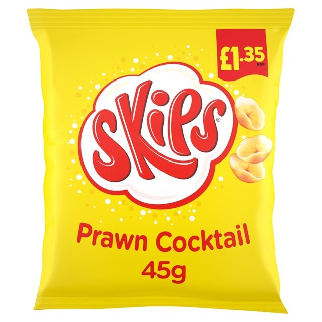 Skips Prawn Cocktail (16 Pack x 45g) – product image of light, prawn cocktail–flavoured corn snacks
