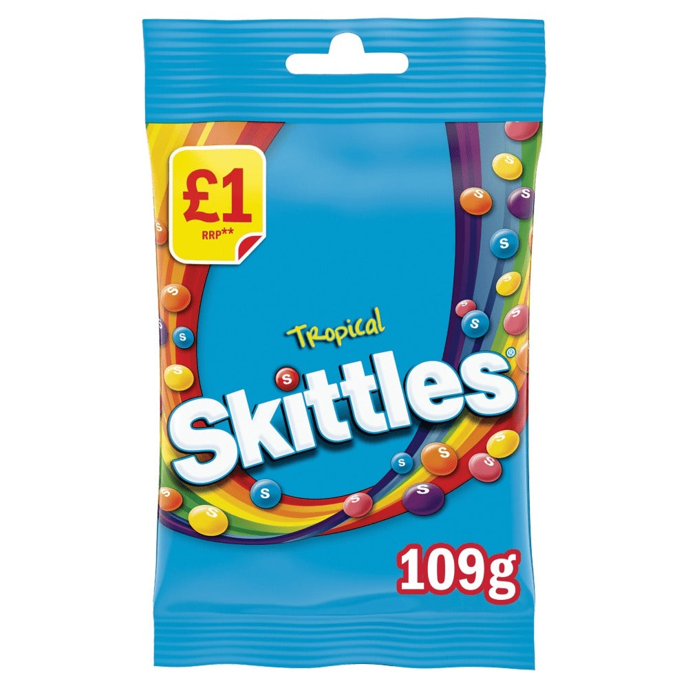 Skittles Chewy Sweets Bag Tropical (14 Packs x 109g) – product image of assorted tropical-flavoured chewy candy pieces
